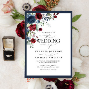 Elegant Navy Blue Burgundy Floral Watercolor Photo Invitation