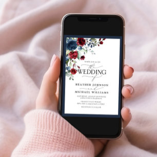 Elegant Navy Blue Burgundy Floral Watercolor Photo Invitation