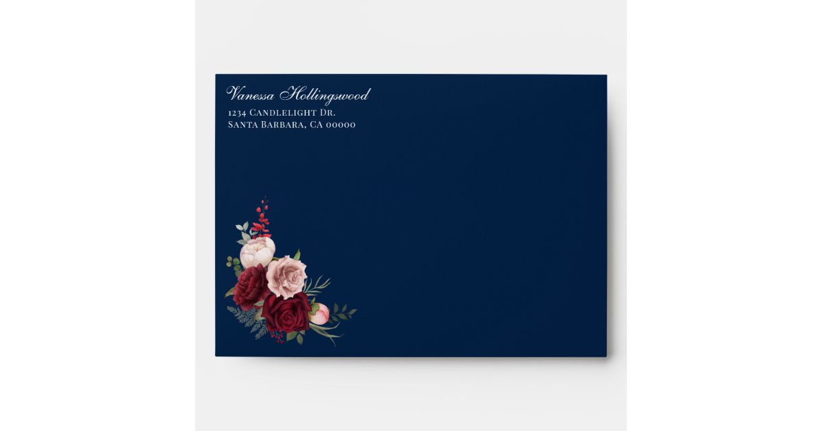 Elegant Navy Blue Burgundy Floral Wedding Envelope | Zazzle