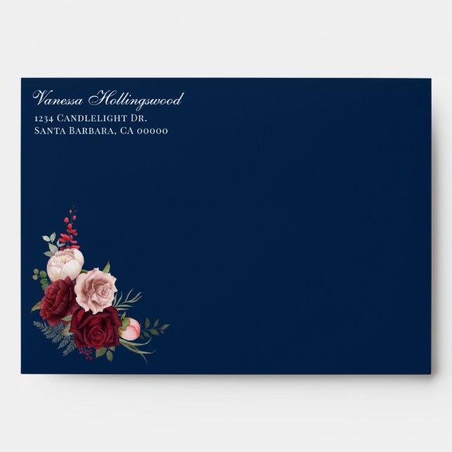 Elegant Navy Blue Burgundy Floral Wedding Envelope (Front)