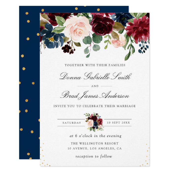 Elegant navy blue &amp; burgundy floral wedding invitation | Zazzle.com