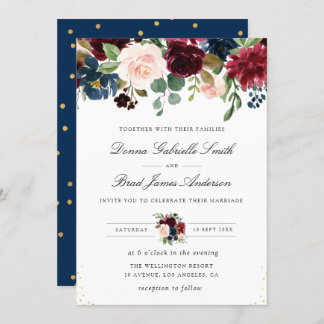 Elegant navy blue & burgundy floral wedding invitation