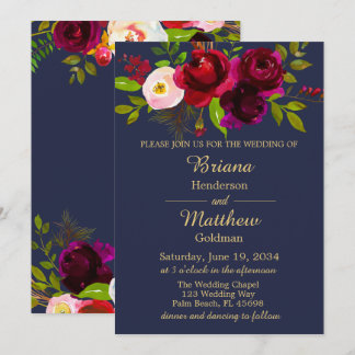 Elegant Navy Blue Burgundy Floral Wedding Invitation