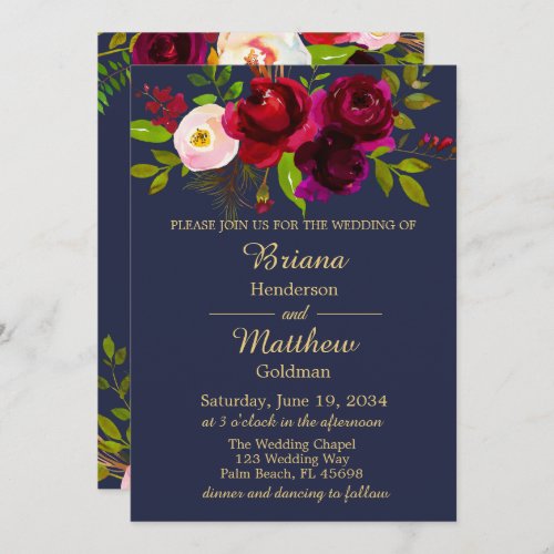 Elegant Navy Blue Burgundy Floral Wedding Invitation