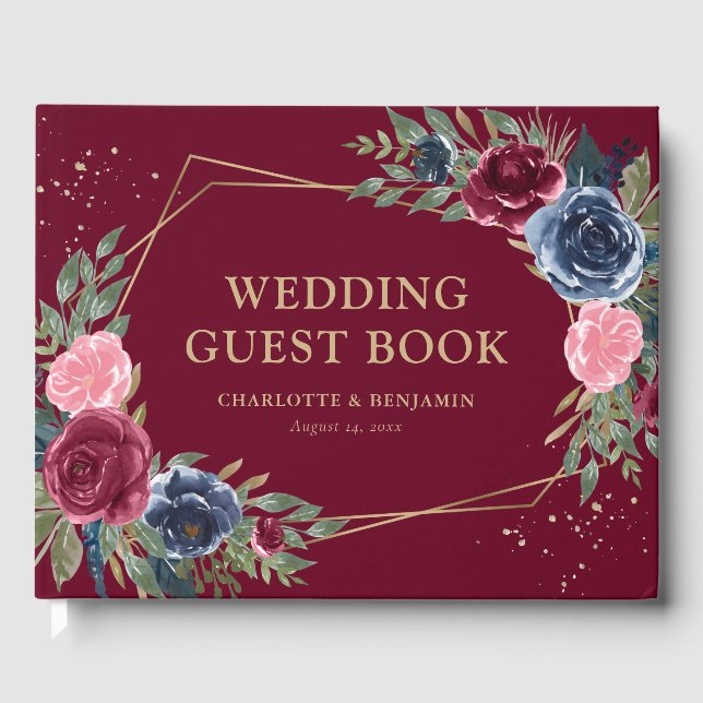Elegant Navy Blue Burgundy Gold Geometric Wedding Guest Book (Front)
