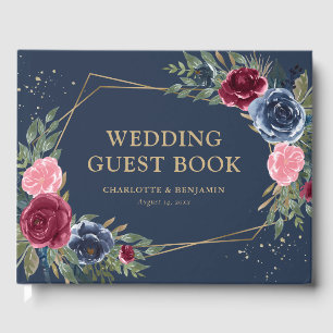 Elegant Navy Blue Burgundy Gold Geometric Wedding Guest Book