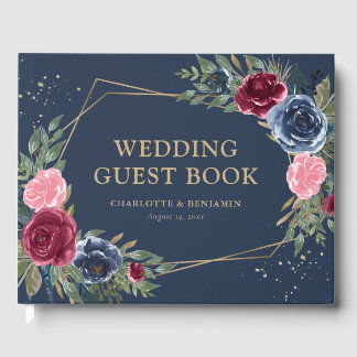Elegant Navy Blue Burgundy Gold Geometric Wedding Guest Book