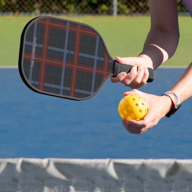 Elegant Navy Blue Burgundy Plaid Pickleball Paddle (Insitu)