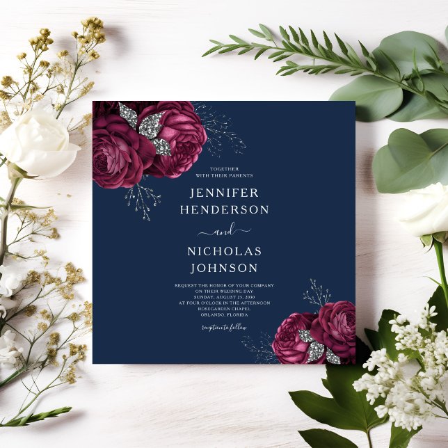 Elegant Navy Blue Burgundy Red Floral Peonies Invitation (Elegant Navy Blue Burgundy Red Floral Peonies Invitation)