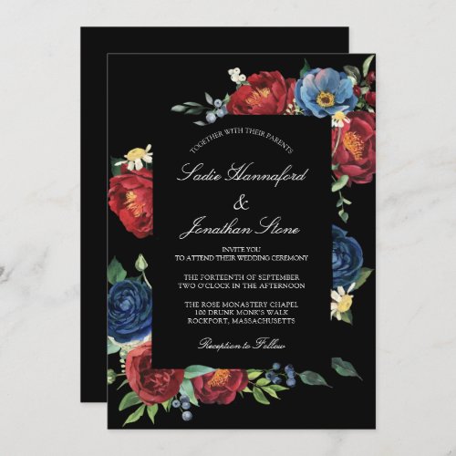 Elegant Navy Blue Burgundy Red Floral Wedding Invi Invitation