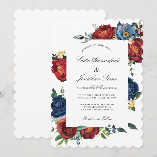 Elegant Navy Blue Burgundy Red Floral Wedding Invi Invitation (Front/Back)