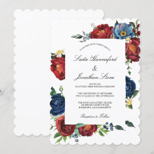 Elegant Navy Blue Burgundy Red Floral Wedding Invi Invitation