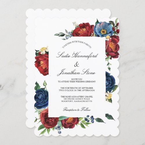 Elegant Navy Blue Burgundy Red Floral Wedding Invi Invitation