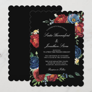 Elegant Navy Blue Burgundy Red Floral Wedding Invitation