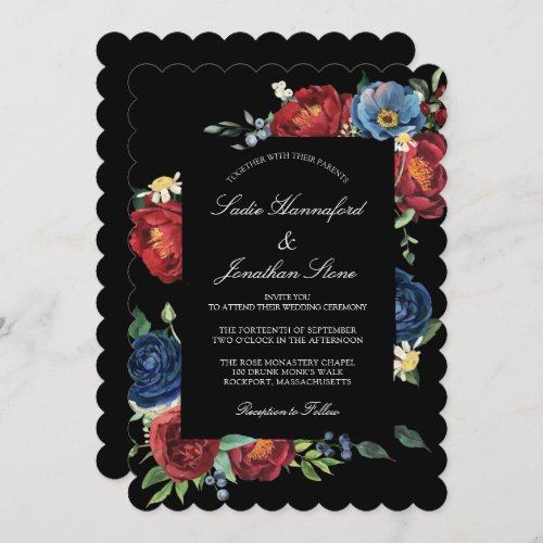 Elegant Navy Blue Burgundy Red Floral Wedding Invitation