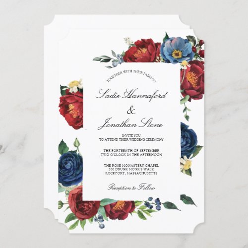 Elegant Navy Blue Burgundy Red Floral Wedding  Invitation