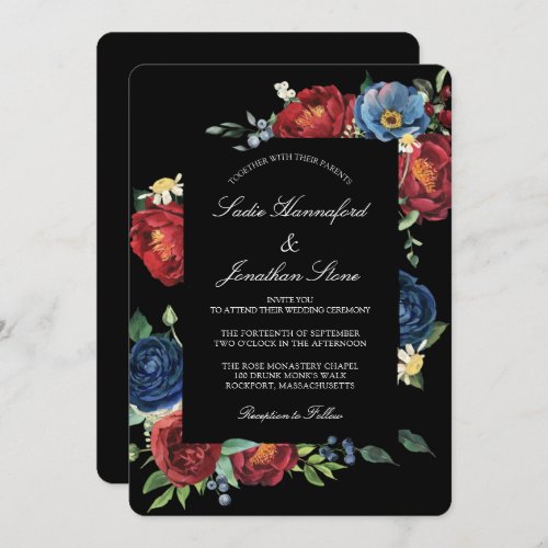 Elegant Navy Blue Burgundy Red Floral Wedding Invitation