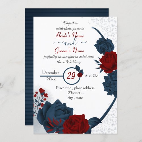 elegant navy blue  burgundy red flowers wedding invitation