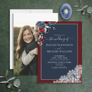 Elegant Navy Blue Burgundy Script Photo Wedding Invitation
