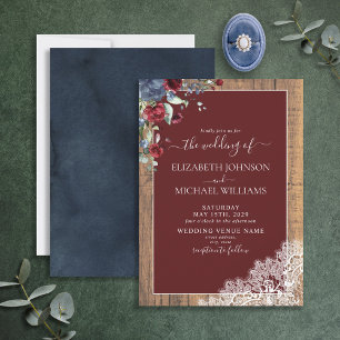 Elegant Navy Blue Burgundy Wood Script Wedding Invitation