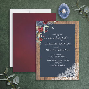 Elegant Navy Blue Burgundy Wood Script Wedding Invitation
