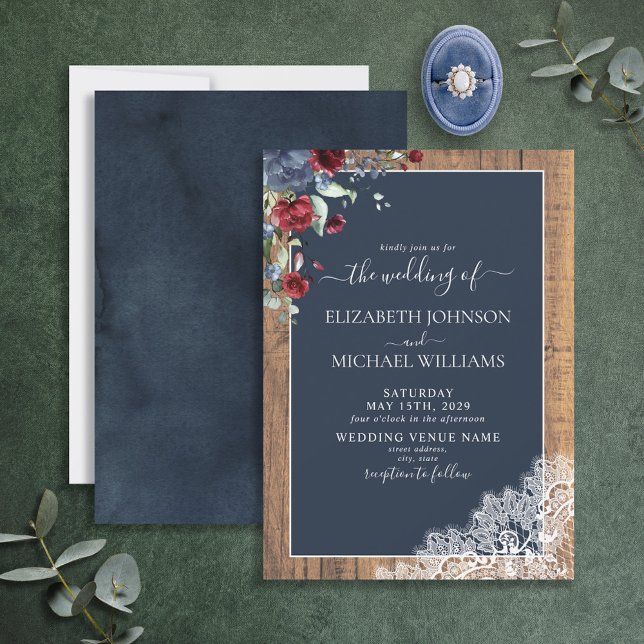 Elegant Navy Blue Burgundy Wood Script Wedding Invitation (Creator Uploaded)