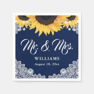 Elegant Navy Blue Burlap Lace Sunflower Wedding Napkins