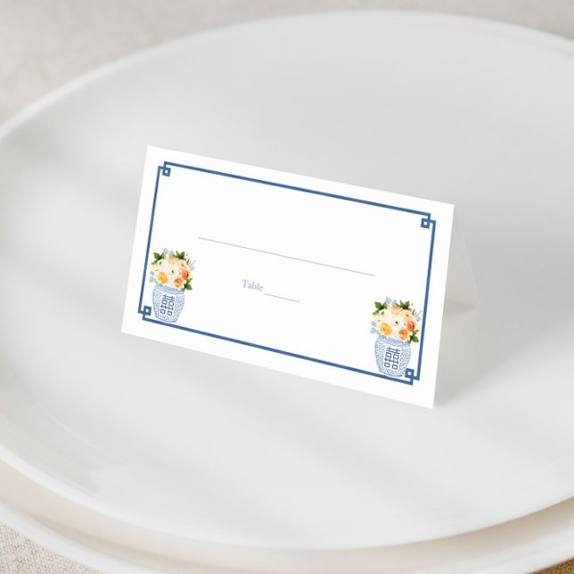 Elegant Navy Blue Burnt Orange Fall Wedding Party Place Card (Fall flowers in blue and white ginger jar wedding shower place cards)