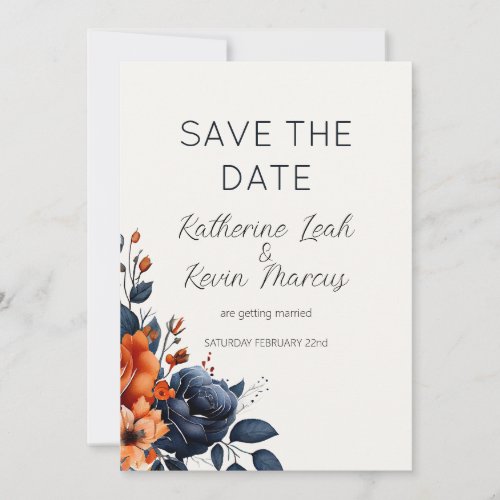 Elegant Navy Blue  Burnt Orange Watercolor Floral  Invitation