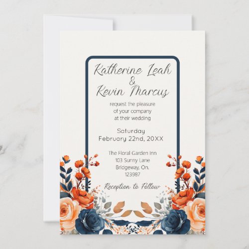 Elegant Navy Blue  Burnt Orange Watercolor Floral  Invitation