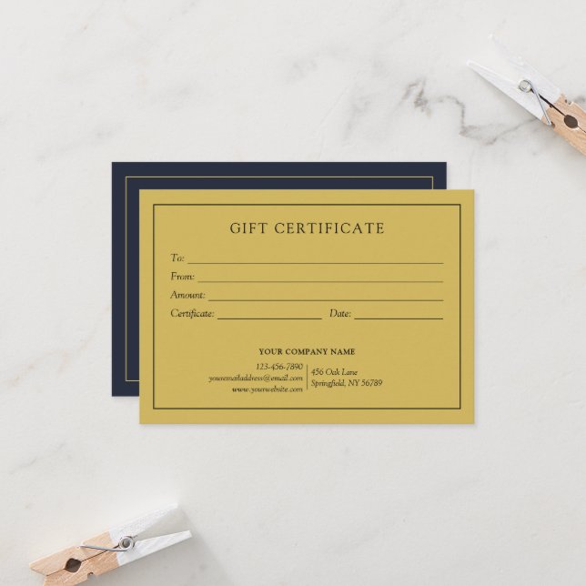 Elegant Navy Blue Business Logo Gift Certificate (Front/Back In Situ)