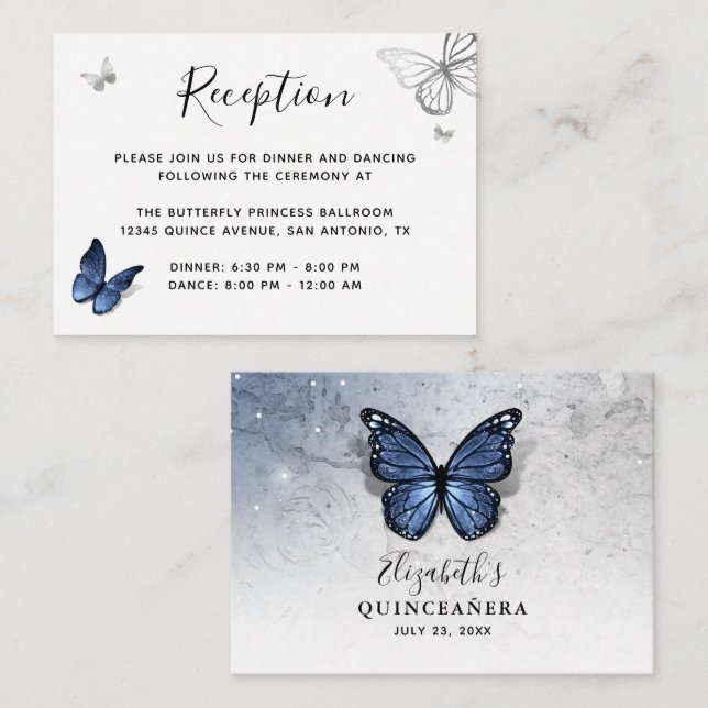 Elegant Navy Blue Butterfly Details Enclosure Card (Front/Back)