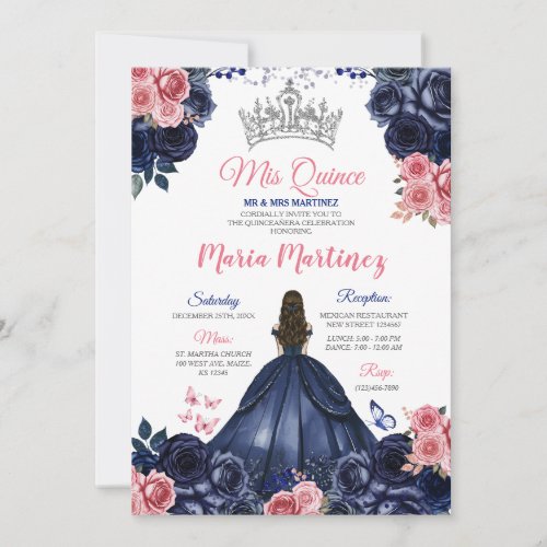 Elegant Navy Blue Butterfly Pink Floral Mis Quince Invitation