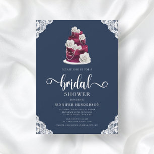 Elegant Navy Blue Cake And Lace Bridal Shower Invitation
