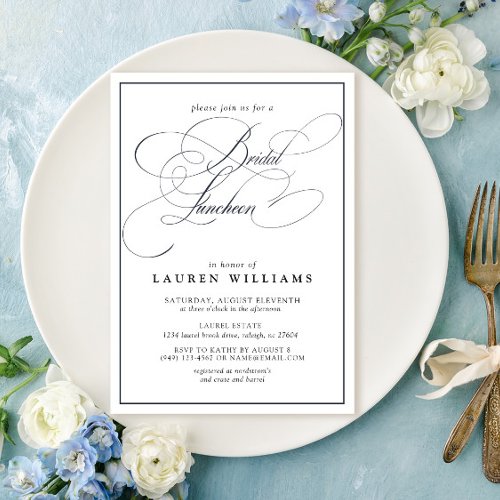 Elegant Navy Blue Calligraphy Bridal Luncheon Invitation