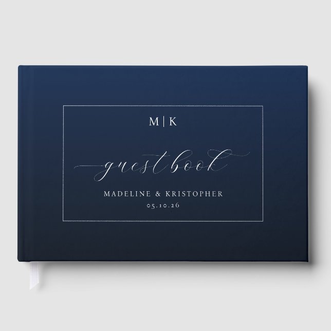 Elegant Navy Blue Calligraphy Foil Guest Book (Front)
