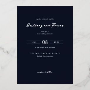 Elegant Navy Blue Calligraphy Foil Invitation