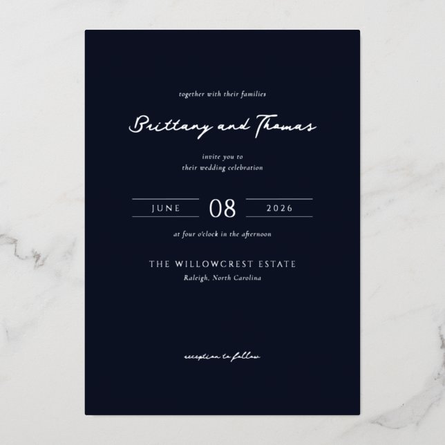 Elegant Navy Blue Calligraphy Foil Invitation (Front)