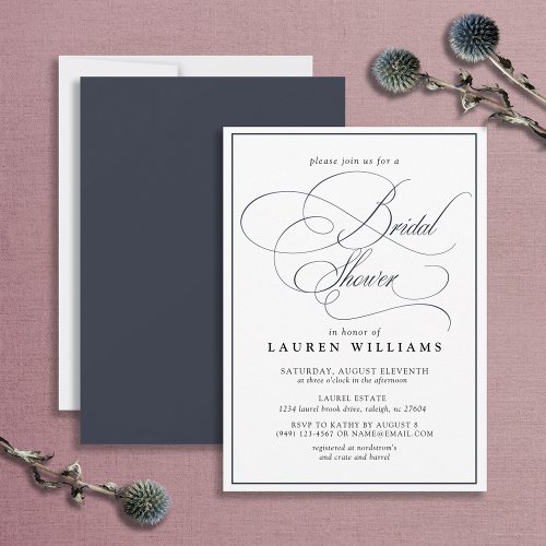 Elegant Navy Blue Calligraphy Formal Bridal Shower Invitation