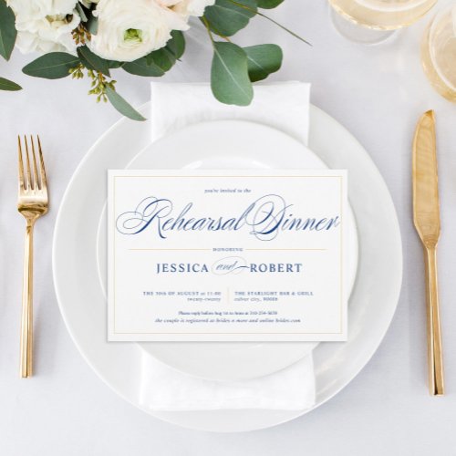 Elegant Navy Blue Calligraphy Rehearsal Dinner Invitation