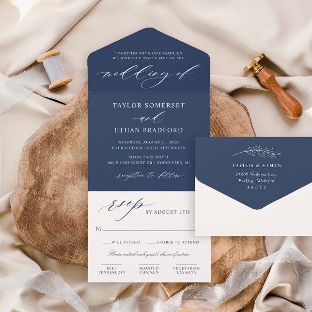 Elegant Navy Blue Calligraphy Script Wedding All In One Invitation (Creator Uploaded)
