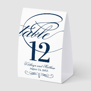 Elegant Navy Blue Calligraphy Script Wedding Paper Table Tent