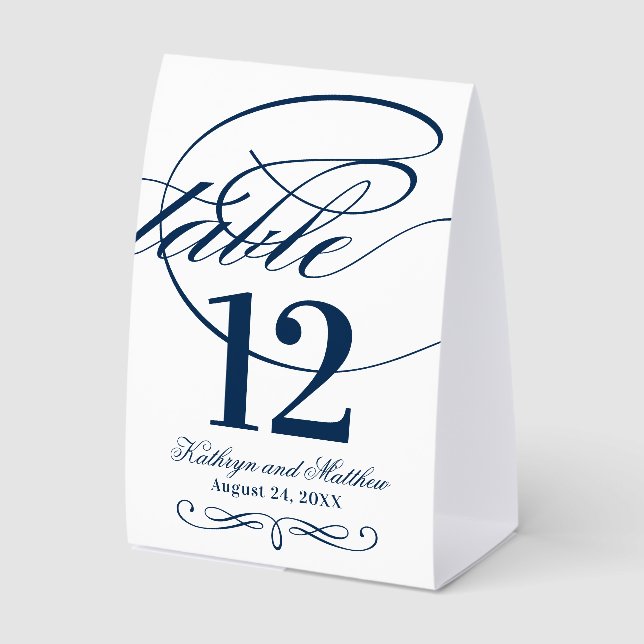 Elegant Navy Blue Calligraphy Script Wedding Paper Table Tent (Front)