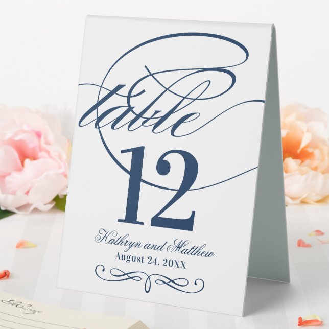Elegant Navy Blue Calligraphy Script Wedding Table Tent (In SItu (Wedding))