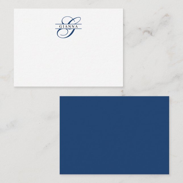 Elegant Navy Blue Calligraphy Split Monogram Note Card (Front/Back)
