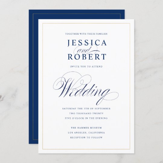 Elegant Navy Blue Calligraphy Wedding Faux Gold Invitation | Zazzle.com