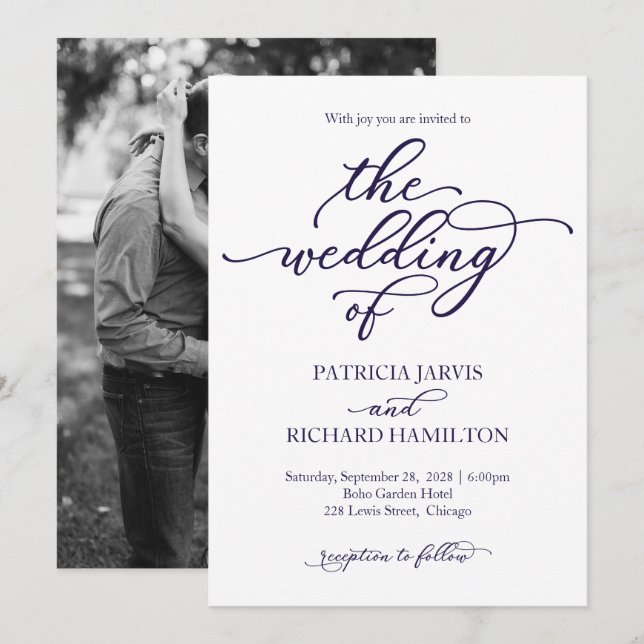 Elegant Navy Blue Calligraphy Wedding Invitation (Front/Back)