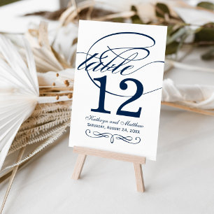 Elegant Navy Blue Calligraphy Wedding Table Number