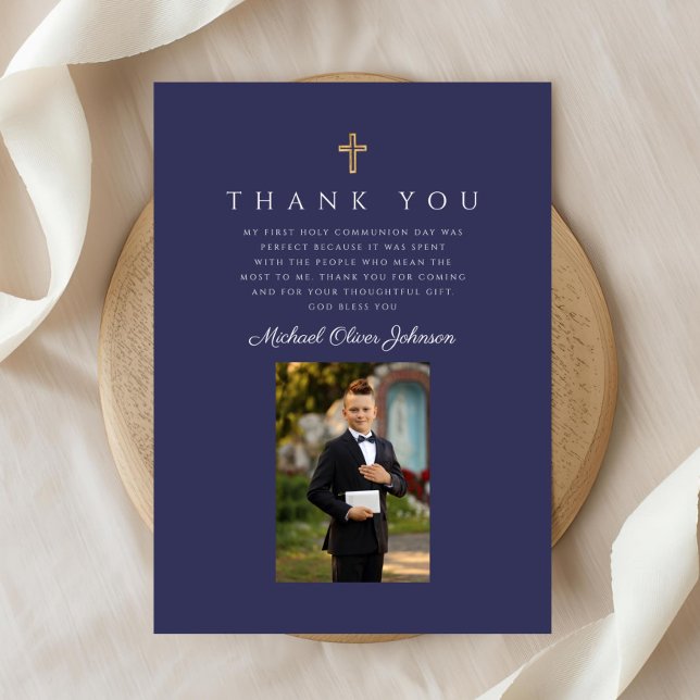 Elegant Navy Blue Catholic Boy First Communion Thank You Card (Elegant Navy Blue Catholic Boy First Communion Thank You Card)