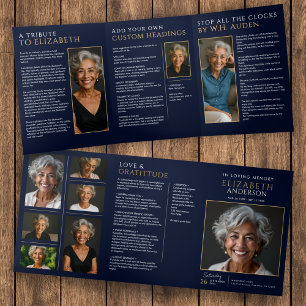 Elegant Navy Blue Celebration of Life Service Tri-Fold Program